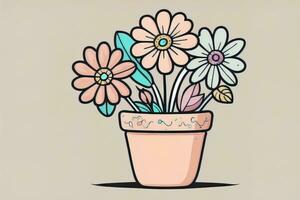 ilustração do uma vaso de flores com Rosa e azul flores em uma cinzento fundo. ai generativo foto