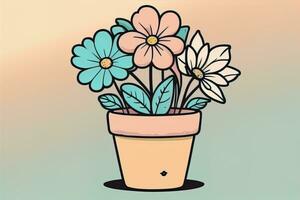 ilustração do uma vaso de flores com Rosa e azul flores em uma cinzento fundo. ai generativo foto