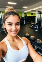 selfie do em forma jovem mulher dentro a academia, generativo ai foto