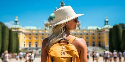 atraente turista menina com Palha chapéu ai gerado foto