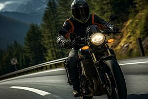 motocicleta motorista em a alpino auto-estrada ai gerado foto