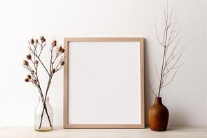 ai gerado de madeira quadro, Armação brincar dentro caloroso neutro minimalista rústico interior foto