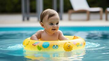 feliz bebê jogando dentro uma natação piscina durante verão período de férias ai gerado foto