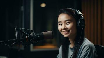 chinês mulher podcaster gravação a audio podcast dentro uma rádio estação ou podcast estúdio, com uma foco em dela face Como ela fala ai gerado foto