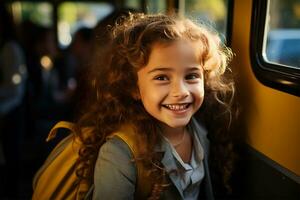 retrato do uma sorridente pequeno menina dentro uma amarelo mochila em a fundo do a ônibus ai gerado foto