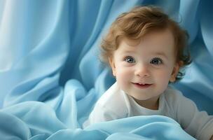 retrato do uma fofa pequeno Garoto em uma azul tecido fundo ai gerado foto