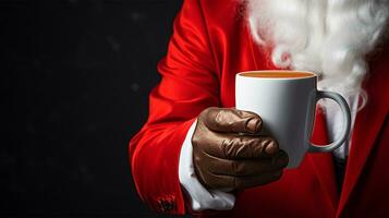 santa claus segurando uma copo do quente beber dentro dele mãos em Sombrio fundo ai gerado foto