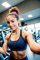 selfie do em forma jovem mulher dentro a academia, generativo ai foto