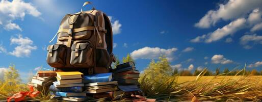 livros com mochila sobre a céu e alguns queda folhas foto