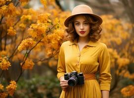 lindo fêmea outono mulher com Câmera dentro parque foto