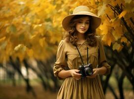 lindo fêmea outono mulher com Câmera dentro parque foto