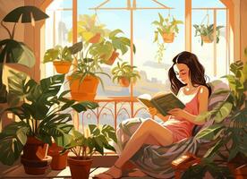 jovem mulher lendo livro dentro quarto dentro sacada casa com em vaso plantas foto