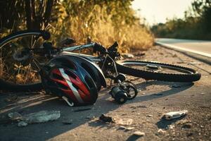 bicicleta acidente em a estrada. seletivo foco em a capacete, bicicleta batida estrada acidente com quebrado bicicleta e capacete, ai gerado foto