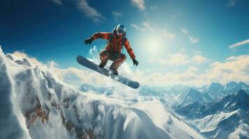 snowboarder em a declive com azul céu em fundo foto