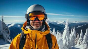 homem dentro esqui óculos passeios uma snowboard a partir de uma Nevado montanha foto