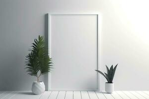 esvaziar branco quadro, Armação em branco parede com plantar e moderno decoração, ai gerado foto