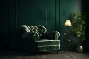 confortável verde poltrona dentro vivo sala, ai gerado foto