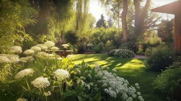 uma tranquilo jardim com florescendo flores e exuberante vegetação, ai gerado foto