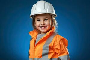 retrato do uma sorridente pequeno menina dentro uma construção capacete ai gerado foto