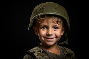 retrato do uma fofa pequeno Garoto dentro militares uniforme em Sombrio fundo ai gerado foto