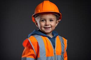 retrato do uma fofa pequeno Garoto dentro uma construção capacete ai gerado foto