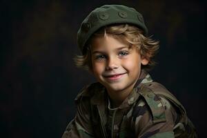 retrato do uma fofa pequeno Garoto dentro militares uniforme em Sombrio fundo ai gerado foto