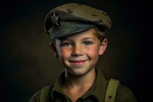 retrato do uma fofa pequeno Garoto dentro militares uniforme em Sombrio fundo ai gerado foto