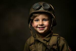 retrato do uma fofa pequeno Garoto dentro militares uniforme em Sombrio fundo ai gerado foto