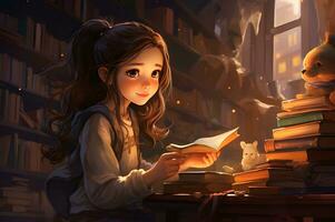fofa menina lendo literatura em biblioteca foto