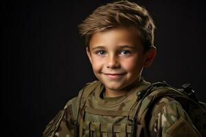 retrato do uma fofa pequeno Garoto dentro militares uniforme em Sombrio fundo ai gerado foto