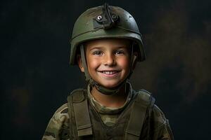 retrato do uma fofa pequeno Garoto dentro militares uniforme em Sombrio fundo ai gerado foto