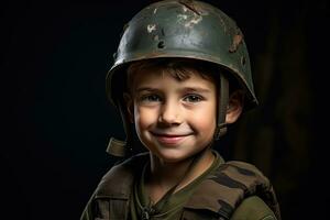 retrato do uma fofa pequeno Garoto dentro militares uniforme em Sombrio fundo ai gerado foto