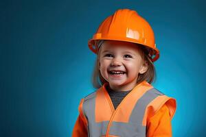 retrato do uma sorridente pequeno menina dentro uma construção capacete ai gerado foto