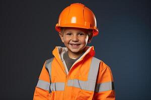 retrato do uma fofa pequeno Garoto dentro uma construção capacete ai gerado foto