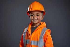 retrato do uma fofa pequeno Garoto dentro uma construção capacete ai gerado foto