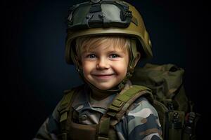 retrato do uma fofa pequeno Garoto dentro militares uniforme em Sombrio fundo ai gerado foto