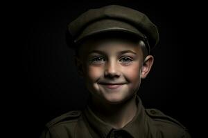 retrato do uma fofa pequeno Garoto dentro militares uniforme em Sombrio fundo ai gerado foto