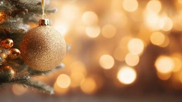 Natal árvore com dourado bugiganga enfeite decoração em borrão fundo com cópia de espaço para Projeto. feliz Novo ano e feriado sazonal festivo pano de fundo conceito. generativo ai foto