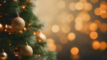 Natal árvore com dourado bugiganga enfeite decoração em borrão fundo com cópia de espaço para Projeto. feliz Novo ano e feriado sazonal festivo pano de fundo conceito. generativo ai foto
