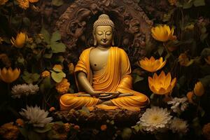 Buda estátua cercado de amarelo flores ai gerado foto