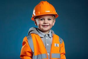 retrato do uma fofa pequeno Garoto dentro uma construção capacete ai gerado foto