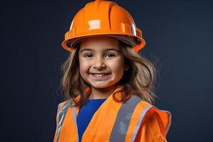 retrato do uma sorridente pequeno menina dentro uma construção capacete ai gerado foto