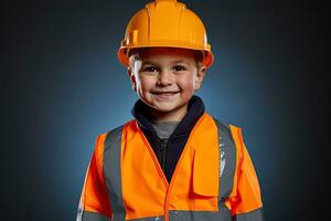 retrato do uma fofa pequeno Garoto dentro uma construção capacete ai gerado foto