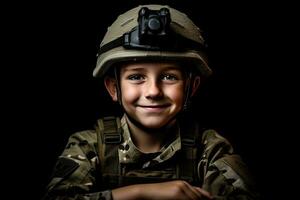 retrato do uma fofa pequeno Garoto dentro militares uniforme em Sombrio fundo ai gerado foto