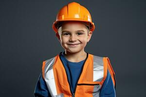 retrato do uma fofa pequeno Garoto dentro uma construção capacete ai gerado foto