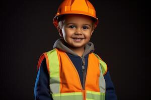 retrato do uma fofa pequeno Garoto dentro uma construção capacete ai gerado foto