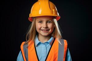 retrato do uma sorridente pequeno menina dentro uma construção capacete ai gerado foto