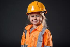 retrato do uma sorridente pequeno menina dentro uma construção capacete ai gerado foto