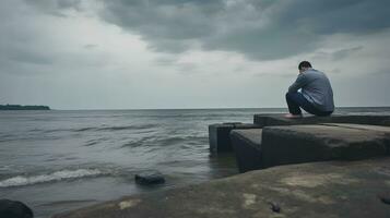 homem sozinho e depressivo às beira-mar foto