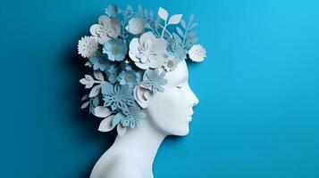 mundo mental saúde dia conceito. papel humano cabeça símbolo e flores em azul fundo foto